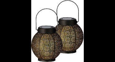 2x stuks solar lantaarn ijzer zwart met cirkel patroon en hengsel 16 cm - Tuinlantaarns - Solarverlichting - Tuinverlichting