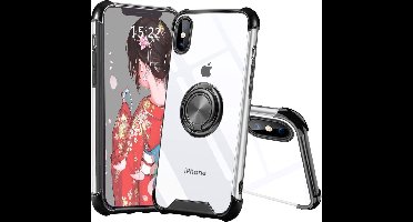 Hoesje Geschikt voor iPhone XR hoesje silicone met ringhouder Back Cover case - Transparant/Zwart
