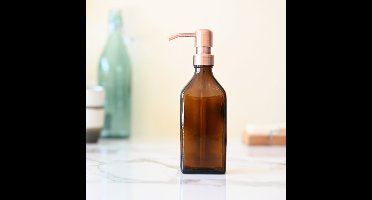 Groeikruid® zeeppompje vrijstaand | 250 ml rechthoekig amber glas | RVS pompkop | Zeepdispenser koper