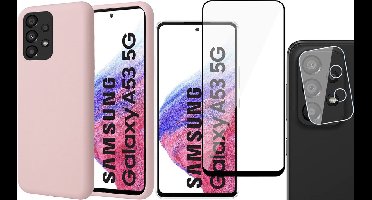 Hoesje geschikt voor Samsung Galaxy A53 - Matte Back Cover Microvezel Siliconen Case Hoes Roze - Full Tempered Glass Screenprotector - Camera Lens Protector