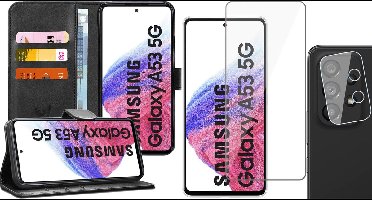 Hoesje geschikt voor Samsung Galaxy A53 - Book Case Kunstleer Wallet Cover Portemonnee Pasjeshouder Hoes Zwart - Tempered Glass Screenprotector - Camera Lens Protector