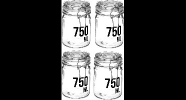 4x stuks inmaakpotten/voorraadpotten 0,75L glas met beugelsluiting - 750 ml - Voorraadpotten met luchtdichte sluiting