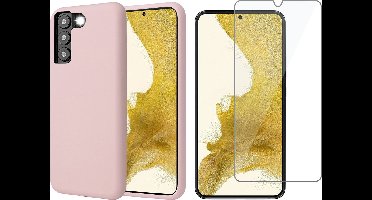 Hoesje geschikt voor Samsung Galaxy S22 Plus - Matte Back Cover Microvezel Siliconen Case Hoes Roze - Tempered Glass Screenprotector