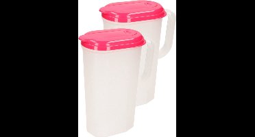 Waterkan/sapkan - 2x - transparant/fuchsia met deksel - 2 - liter kunststof