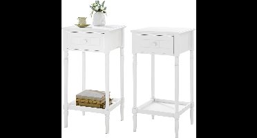 BukkitBow - Nachtkastje - met Lade en Blank - Barok - Massief Houten Poten - Wit - 2 Stuks