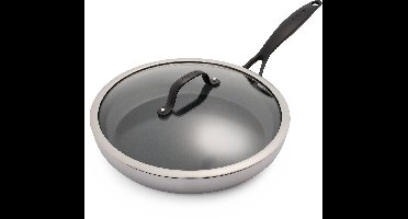 GreenPan Venice Pro Noir RVS Hapjespan met deksel Ø30cm - 4.7L - PFAS-vrij – Inductie – Ovenbestendig tot 200°C – Vaatwasserbestendig – Tri-ply – RVS grepen - Zilver/Zwart
