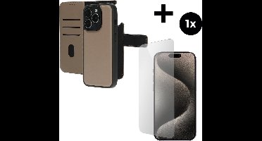 Mobiparts Leather 2 in 1 Wallet Case hoesje geschikt voor Apple iPhone 15 Pro met 1 Screenprotector van Gehard Glas - Beige