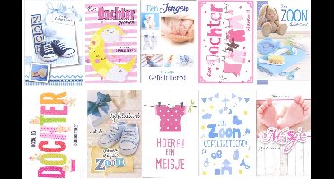 10 Luxe Verschillende Wenskaarten Geboorte 5x Zoon en 5x Dochter Assorti nr:51 - Geboorte wenskaart - Gratis verzonden