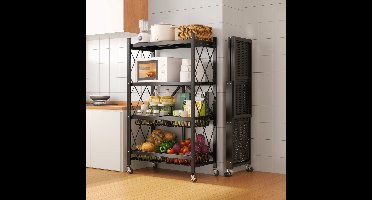 Velox Goods VL‑522 4‑Laags Opbergrek – Inklapbare Planken met Wielen – Stevig Staand Rek voor Keuken, Badkamer & Woonkamer – Open Vakkenkast – Zwart