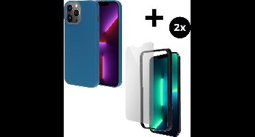 Mobiparts Silicone Cover hoesje geschikt voor Apple iPhone 13 Pro Max met 2 Screenprotectors van Gehard Glas - Blauw