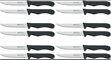 Metaltex - Set van 12 Steakmessen - Messenset - Keukenmessen - 6 x 2 stuks - Roestvrijstalen Messen met Zwarte Kunststof Greep