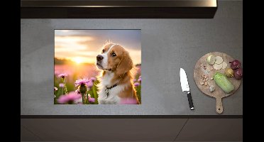 Inductieplaat Beschermer - Bruin met Witte Hond in Veld Vol Roze Bloemen met Zonsondergang - 59x51 cm - 2 mm Dik - Inductie Beschermer - Bescherming Inductiekookplaat - Kookplaat Beschermer van Zwart Vinyl