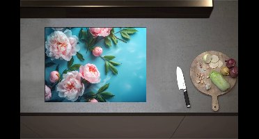 Inductieplaat Beschermer - Chinese Pioen Bloemen op Blauwe Achtergrond - 70x52 cm - 2 mm Dik - Inductie Beschermer - Bescherming Inductiekookplaat - Kookplaat Beschermer van Zwart Vinyl