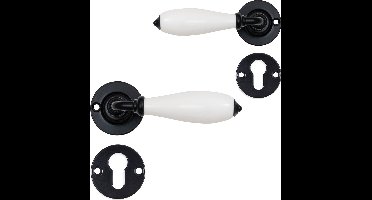 Rustica deurklink op rozet + rozet set profielcilinder - zwart met porseleinen greep - klassiek - retro model