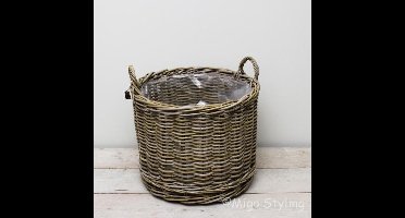 Houtmand - op wielen - Rond - Riet - Rotan - Plantenmand - Dia 47cm