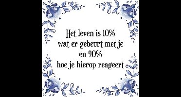 Tegeltje met Spreuk (Tegeltjeswijsheid): Het leven is 10% wat er gebeurt met je en 90% hoe je hierop reageert + Kado verpakking & Plakhanger