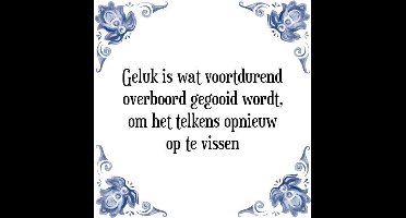 Tegeltje met Spreuk (Tegeltjeswijsheid): Geluk is wat voortdurend overboord gegooid wordt, om het telkens opnieuw op te vissen + Kado verpakking & Plakhanger