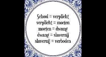 Tegeltje met Spreuk (Tegeltjeswijsheid): School = verplicht verplicht = moeten moeten = dwang dwang = slavernij slavernij = verboden + Kado verpakking & Plakhanger