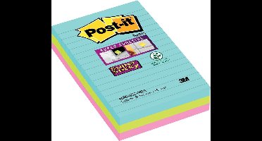 Post-it® Super Sticky notes, Kleurenset Miami, Aquawave, Neon Groen, Neon Rose, Gelijnd, 3 blokken, 101 mm x 152 mm, 90 blaadjes