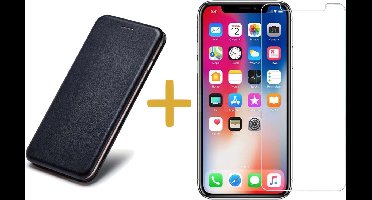 Hoesje Kunstlederen Book Case geschikt voor Apple iPhone Xs / X + Screenprotector Tempered Glass - Zwart Siliconen iCall Wallet