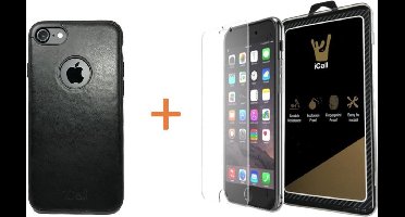 Hoesje geschikt voor Apple iPhone 7 - TPU Luxury Leather Electropating Case Black met Gouden Bumper (Zwart Silicone Kunstlederen Hoesje) + Tempered Glass Screenprotector 2,5D 9H (Gehard Glas)