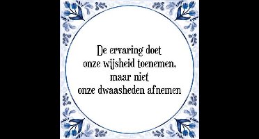Tegeltje met Spreuk (Tegeltjeswijsheid): De ervaring doet onze wijsheid toenemen, maar niet onze dwaasheden afnemen + Kado verpakking & Plakhanger