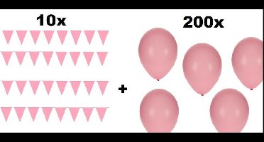 10x Vlaggenlijn 10 meter + 200 Ballonnen roze