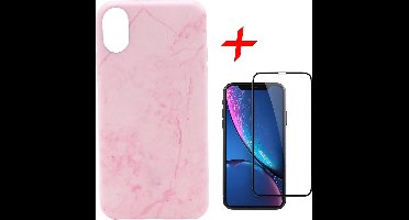 Marmer Hoesje geschikt voor Apple iPhone Xr Siliconen TPU Soft Gel Case Roze + Screenprotector Full-Screen Tempered Glass van iCall