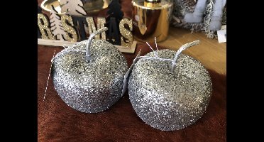Decoratieve zilveren appels met glitters - 8 cm - Appels met glitters - 2 stuks