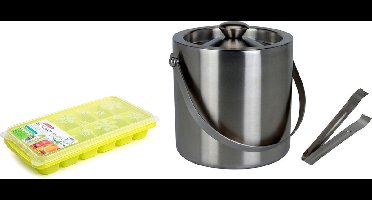 Excellent Houseware RVS ijsemmer met tang 15x18 cm en 2x ijsblokjes trays