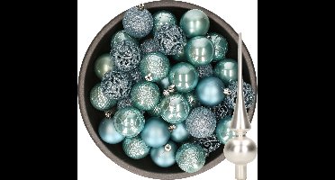 Decoris Kerstballen 37x stuks - 6 cm - ijsblauw - kunststof - incl. glazen piek mat zilver