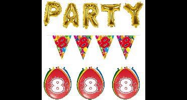 Folat - Verjaardag feestversiering 8 jaar PARTY letters en 16x ballonnen met 2x plastic vlaggetjes