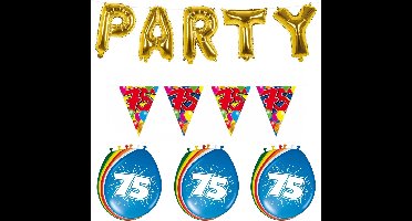Folat - Verjaardag feestversiering 75 jaar PARTY letters en 16x ballonnen met 2x plastic vlaggetjes