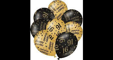 Verjaardag ballonnen - 16 jaar en happy birthday 12x stuks zwart/goud