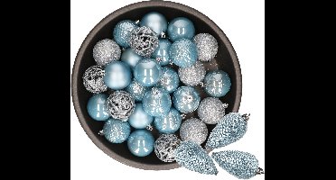 Decoris Kerstballen en dennenappel ornamenten - 43x stuks - kunststof - lichtblauw