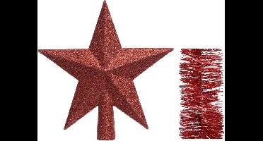 Kerstversiering kunststof glitter ster piek 19 cm en glitter folieslingers pakket rood van 3x stuks - Kerstboomversiering
