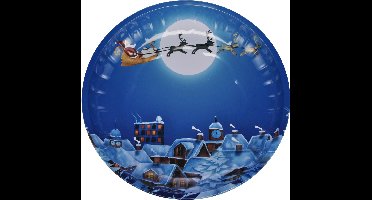 HI kinderbord met kerstman op slee - blauw/wit - metaal - 26 cm - kerstontbijt - kerstdiner - kerstartikelen