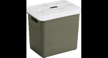 Sunware Opbergbox - mand - donkergroen - 25 Liter - kunststof - met houtkleur deksel - opslag kist - 35 x 25 x 36 cm