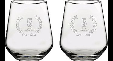 Gegraveerde set Drinkglazen 42,5cl Opa + Oma 5 jaar getrouwd