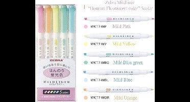 Zebra Mildliner Double Sided Tekstmarker - Fine & Bold - Mild  Licht ‘Fluorescent’ Pastel Colors - Set van 5 + een Bag