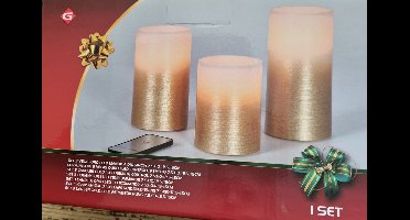 LED kaarsen/stompkaarsen met bewegende vlam en afstandsbediening - goudkleurig - set van 3