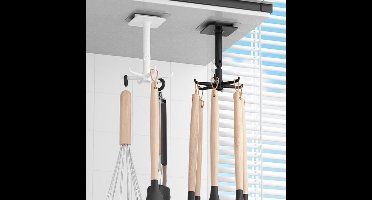 Keuken organizer 2 stuks - Keuken wandrek met 6 haakjes - Hangrek - haken zonder Boren - roterend - keukengerei houder 360° draaibare opvouwbare haak - zelfklevende badhanddoekhouder - lepels- zelfklevend - Zwart