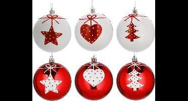 Cepewa Kerstballen - 6 stuks - gedecoreerd - rood - wit - kunststof - 6 cm