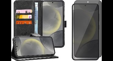 Hoesje geschikt voor Samsung Galaxy S24 - Privacy Screenprotector Volledig Dekkend Glas - Portemonnee Book Case Zwart