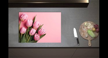 Inductieplaat Beschermer - Boeket van Roze Tulpen Liggend op Roze Oppervlak - 70x51 cm - 2 mm Dik - Inductie Beschermer - Bescherming Inductiekookplaat - Kookplaat Beschermer van Wit Vinyl