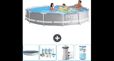 Intex Rond Prism Frame Zwembad - 366 x 76 cm - Grijs - Inclusief Afdekzeil - Onderhoudspakket - Zwembadfilterpomp - Filter
