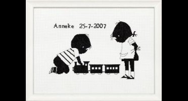 Pako Borduurpakket geboorte - telpatroon - Jip & Janneke met treintje geboortetegel, Fiep Westendorp - 270.002 - Aida - 30 x 20 cm - DIY kit