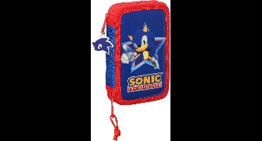 Dubbele etui Sonic Let's roll Marineblauw 12.5 x 19.5 x 4 cm (28 Onderdelen)
