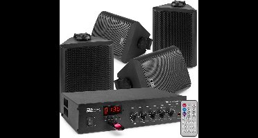 Power Dynamics PBA30 100V geluidsinstallatie met 4 zwarte weerbestendige 5 inch opbouw speakers