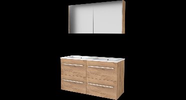 Basic Comfort 46 badmeubelset met spiegelkast, wastafelonderkast met grepen, 4 lades en porseleinen wastafel met 2 kraangaten 120 x 46 cm, whisky oak